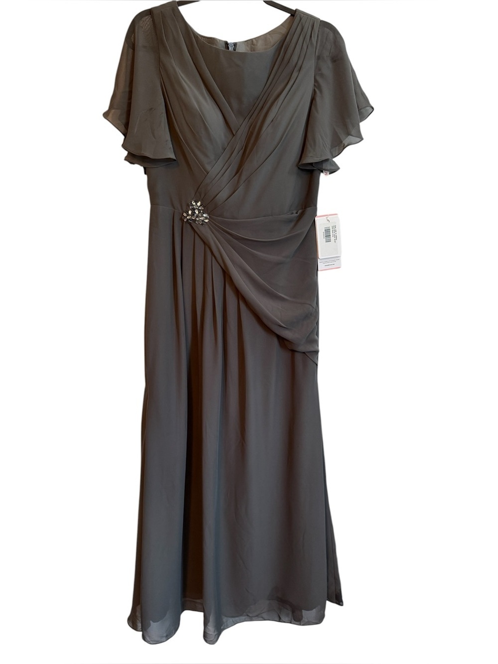 JJs House Gray Chiffon Draped V-Neck Evening Gown with Jewel Accent